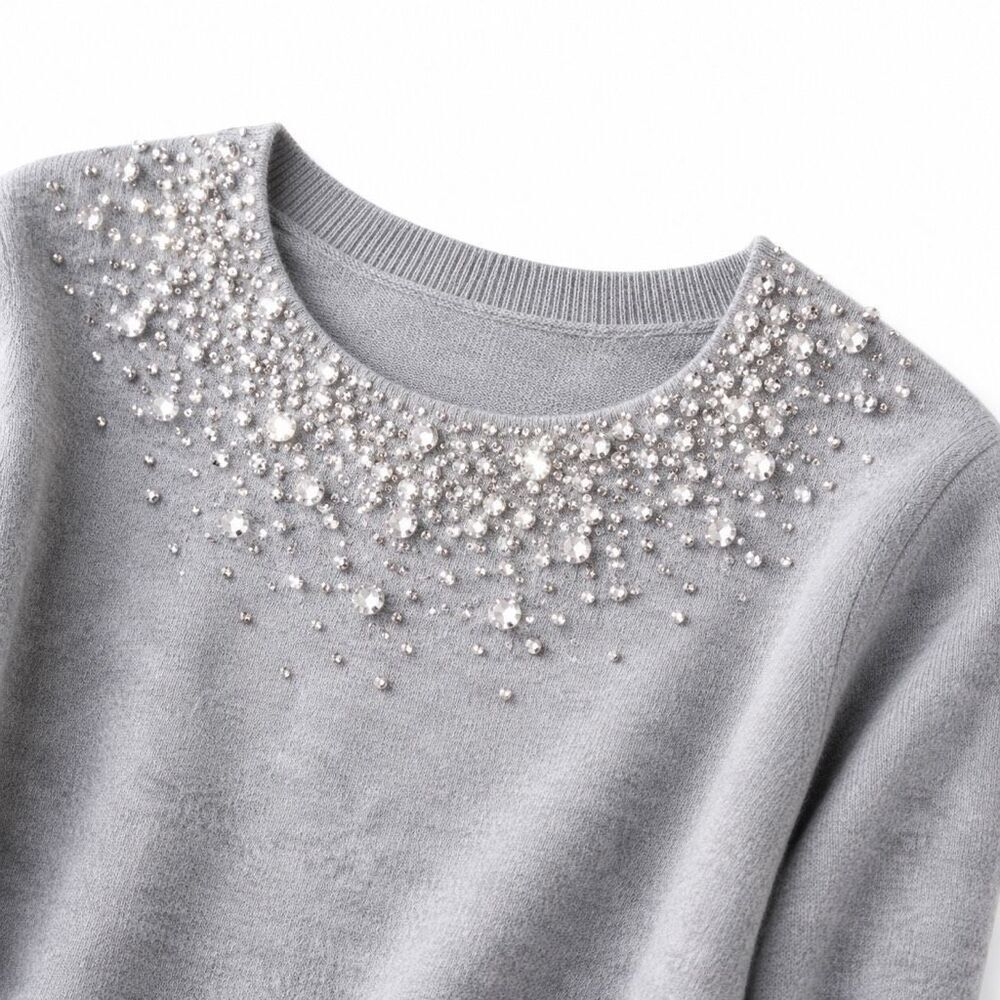 Kate Spade Madison Ave Crystal Neck Sweater Gray Holiday Glam Knit Sz S
